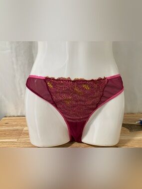 Auden Sheer Mesh Embroidered Bikini Panty Burgundy Pink L NWOT